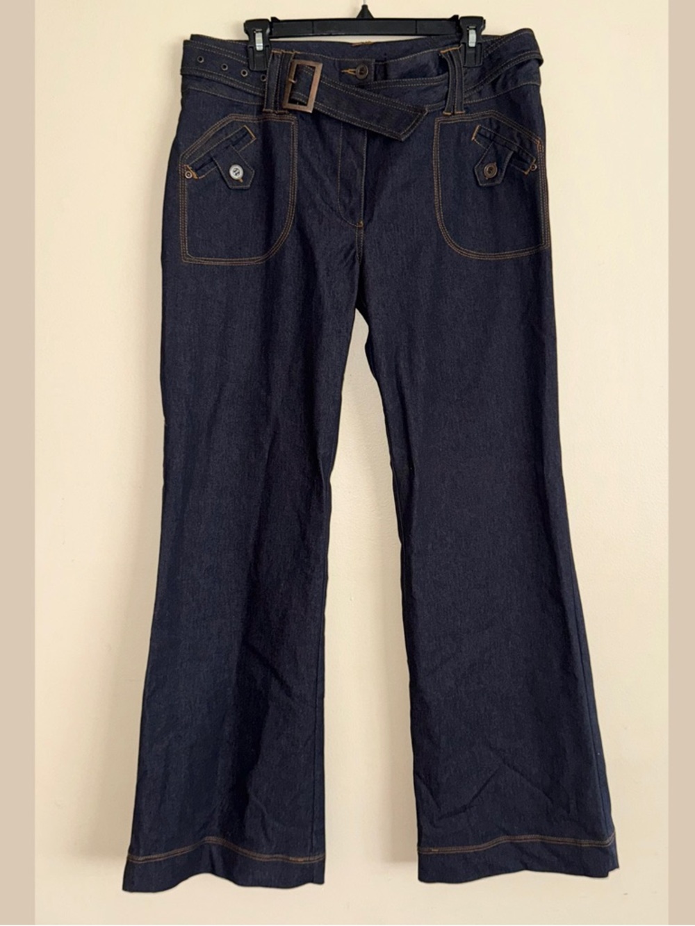 Vintage Y2K VENCA Dark Blue Wash Mid Rise Wide Leg Belted Jeans Size 14